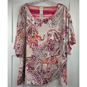 Chico's Size 4 Reversible Blouse Floral Paisley Watercolor Stripe Colorful